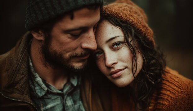 Intimate autumn couple portrait with cozy knitwear and natural light