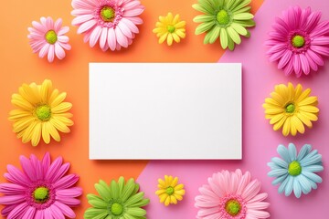 Fototapeta premium Springtime Greetings And Celebrations Colorful Gerbera Flowers Frame A Blank White Card On Orange And Pink Background For Message Or Invitation
