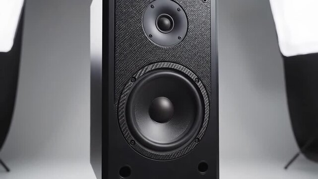 Closeup studio shot of a professional black audio monitor speaker with a textured grille and a prominent woofer highlighting its intricate design and audio technology.