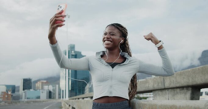Earphones, fitness or happy woman with selfie on city road, post workout picture or social media update. Photography, tech or African runner with flex for complete training, pride or sport influencer