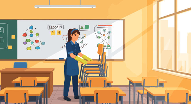 Woman cleaning a classroom with disinfectant spray.