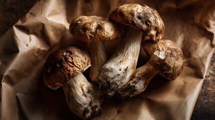 Fototapeta premium Close-up high-resolution view of matsutake mushrooms on parchment paper on a rustic wooden surface