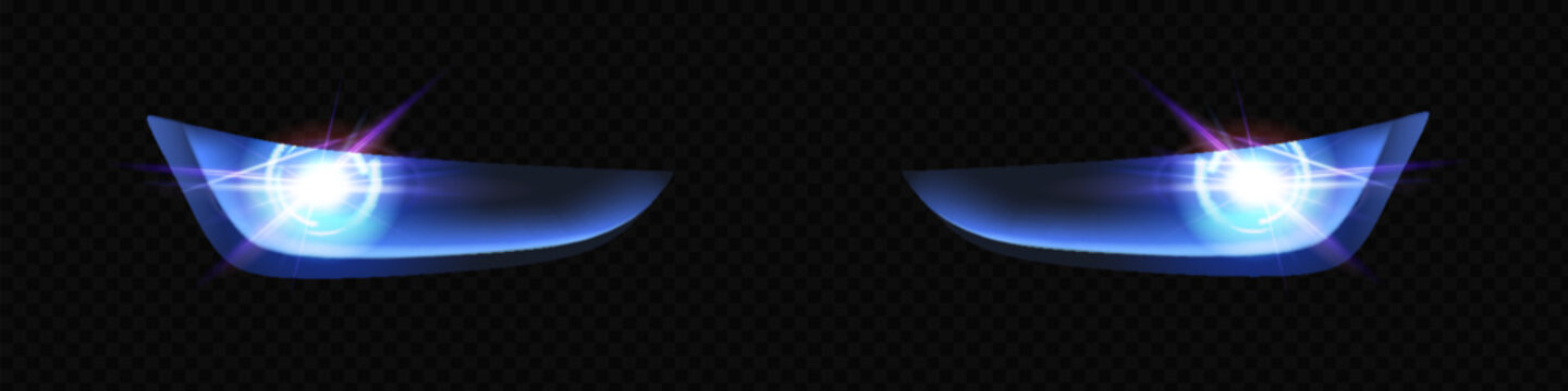 Realistic white glow of round beams of car headlights, isolated against a background of transparent gloom. Vector bright train lights for your design