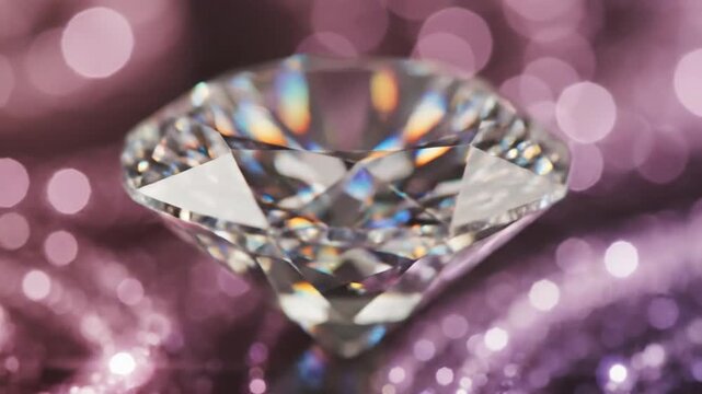 A large diamond gemstone on a pink sparkling background with bokeh lights for luxury advertising