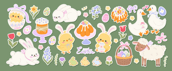 Easter sticker set with chicks, bunnies, lamb, geese, flowers, Easter cakes and eggs in doodle hand drawn style. Cute spring holiday elements. Vector illustration © Svitla