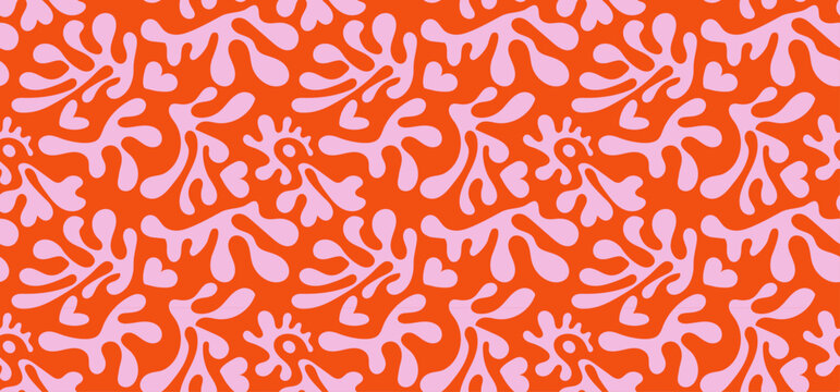 Abstract groovy seamless pattern with organic cutout floral shapes and hearts. Retro pink and orange botanical background. Vector illustration.