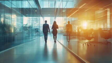 Obraz premium Group of Business people walking in the office corridor in night,People in business center walking at hall,motion go around at coworking space,Wide image,Concept of office life,co working space.