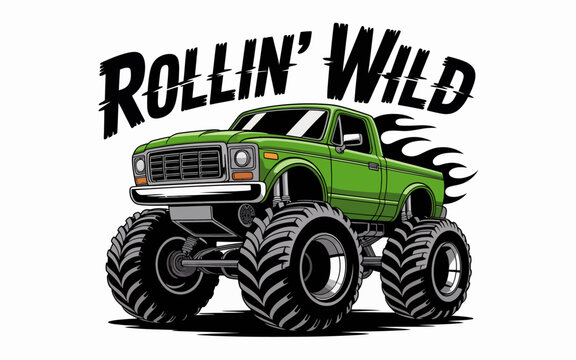 A green monster truck with large tires and flames on a white background