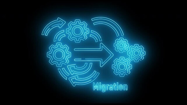 Neon-lit graphic illustration of interlocking gears and arrows with the word 'Migration' on a dark background.