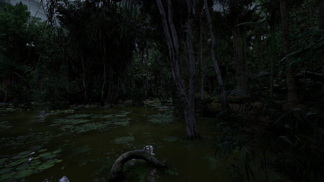 Ancient bog soaked in dusk light with thick peat water, knotted roots and scattered lily patches, deep shadows and damp air evoke timeless, primeval nature mood