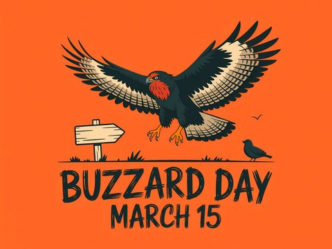 Vibrant illustration of buzzard day celebration on orange background with bird and sign