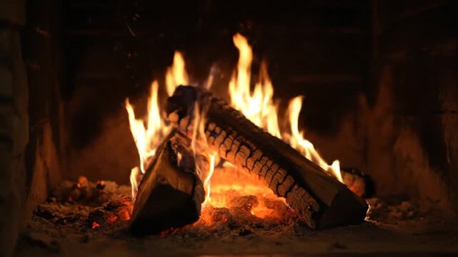 Burning Logs in a Fireplace at Night.