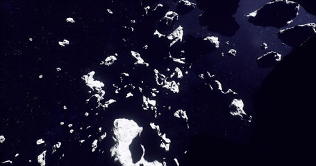 Bright icy asteroids glowing against deep indigo void, scattered fragments resemble frozen islands under intense starlight, contrast of cold surfaces © icetray