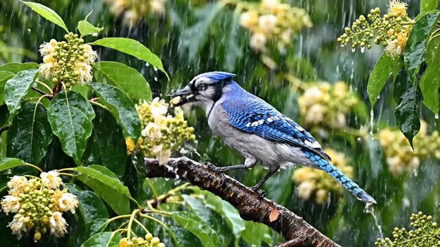 Blue jay bird eating berries on branch during rain shower