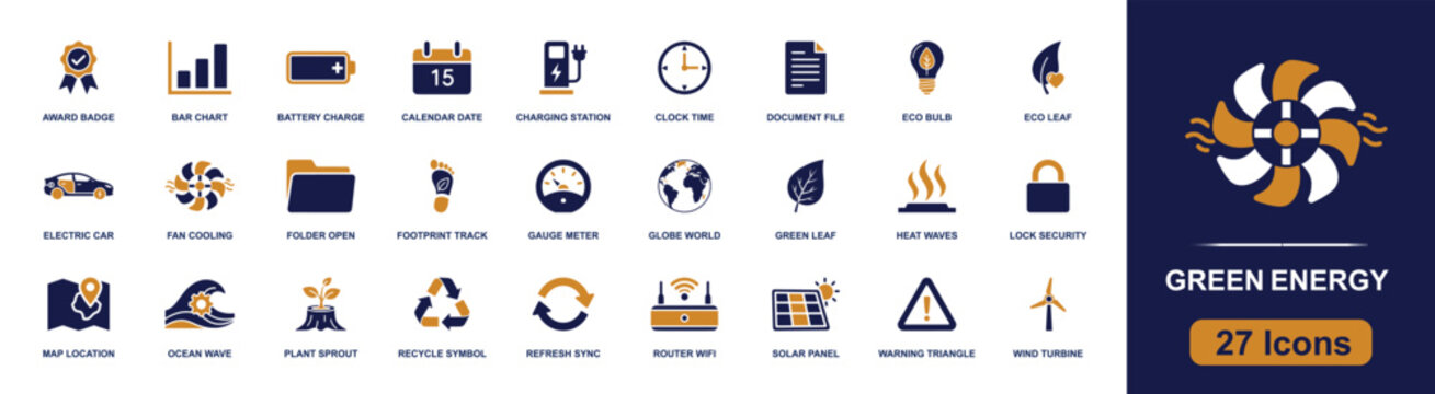 Green energy icon set. Containing solar panel, wind turbine, electric car, battery charge, charging station, recycle, eco leaf, footprint, heat waves and more. Solid fill vector icons.