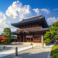 Naklejka premium A traditional Asian temple with a dark roof and stone walkway