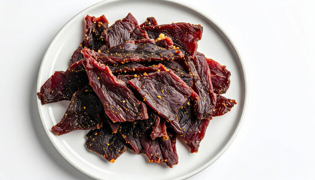 Top view of beef jerky on plate, isolated on white background, delicious meat snack, tasty food.
