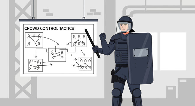 Police Officer Demonstrating Crowd Control Tactics Strategy.