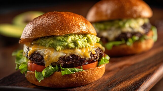 Guacamole used as a burger topping with melted cheese and fresh lettuce in a gourmet burger scene