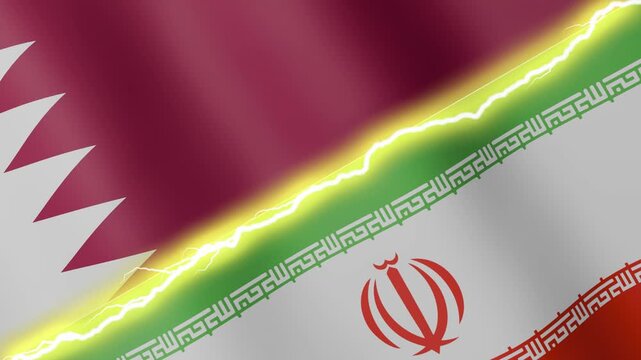 Two waving flags Qatar and Iran with diagonal lightning seamless, 4k loop