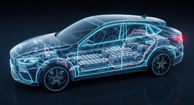Futuristic electric vehicle schematic with glowing internal components.