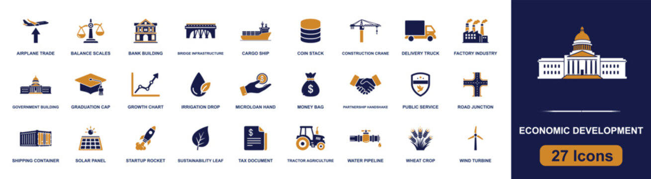 Economic development icon set. Containing government, bank, trade, cargo ship, infrastructure, agriculture, microloan, tax, solar, wind, factory, and more. Solid fill icons collection.