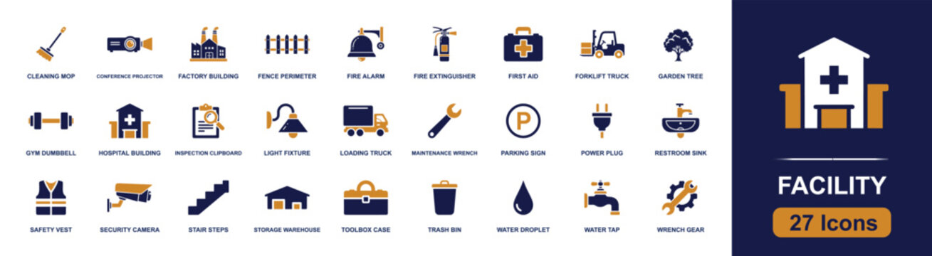 Facility icon set. Containing hospital building, maintenance wrench, cleaning mop, fire alarm, extinguisher, first aid, security camera, forklift, warehouse, restroom sink and more. Solid fill icons.