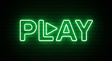 Obraz premium Green neon play button on dark brick wall background