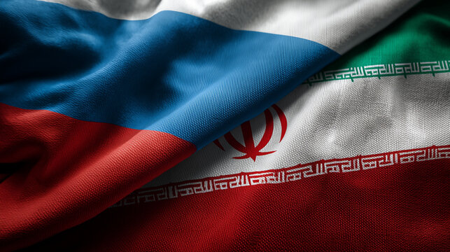 russian and iranian flag waving together. relations between russia and iran