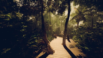 curving trail through dense tropical understory, winding wooden walkway, abundant ferns and vines, dynamic perspective invites exploration and outdoor adventure © icetray
