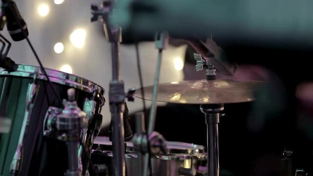 playing drums on rehearsal in music studio cymbals Drum set Musician drummer hitting on drum cymbal Drum player hits the cymbals of the drum set 4K HD