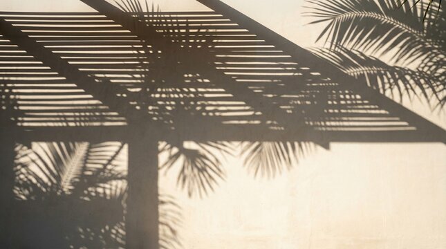 Architectural Shadow Pattern Background on Off-White Wall Surface. Sophisticated minimalist background showing a clean wall with sharp shadow lines from a slatted pergola and palm trees.