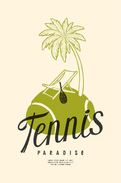 Tennis paradise island. Tennis ball island with a beach chair and tennis racket under the palm-tree. Vintage typography t-shirt print vector illustration.