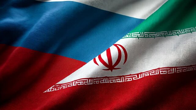 russian and iranian flag waving together. relations between russia and iran