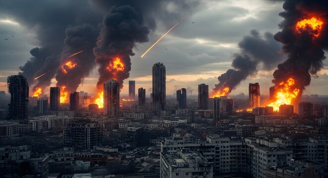 War Torn Cityscape Beneath Fire and Heavy Smoke.