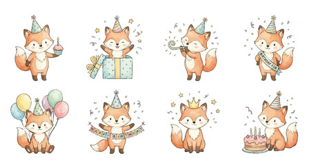 Obraz premium Cute watercolor party foxes. Watercolor fox birthday clipart bundle with cupcake, presents, confetti set. Collection of Vector illustrations. Perfect for invitation, card, poster, banner, decoration