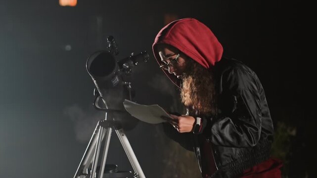 Caucasian astronomer red hoodie examining notes by tripod mounted telescope under moonlit backyard sky, adjusting eyepiece and comparing star chart, focused scientific curiosity and ambient glow