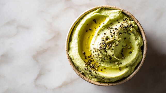 Smooth whipped guacamole garnished with olive oil drizzle and cracked black pepper, placed on a marble countertop with modern minimal styling