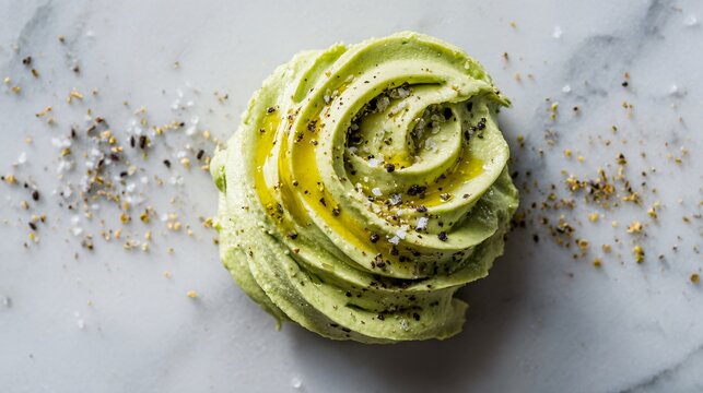 Smooth whipped guacamole garnished with olive oil drizzle and cracked black pepper, placed on a marble countertop with modern minimal styling