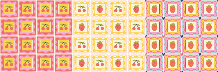 Strawberry and cherry seamless pattern set in patchwork style. Summer berry background with wavy frames. Colorful naive doodle for kitchen textile, jam packaging and digital paper. © Svitlana Kharchuk