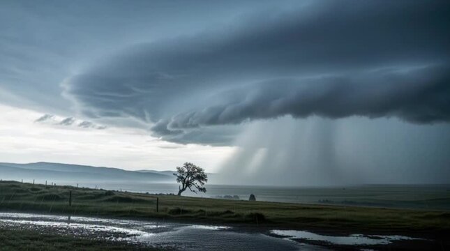 Dramatic stormy landscape with lightning illuminating dark clouds over rolling hills