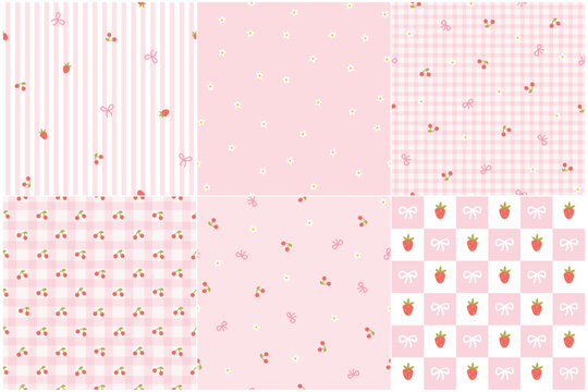 Coquette aesthetic seamless pattern set with cherry, bow and strawberry. Pink girly background with ribbons, hearts and flowers. Cute flirty doodle for textile, stationery and digital paper.