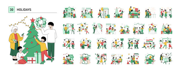 Fototapeta premium Family Decorating Christmas Tree Vector Illustration
