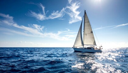 A sailboat glides across the vast, sun-drenched ocean, capturing the freedom of the sea