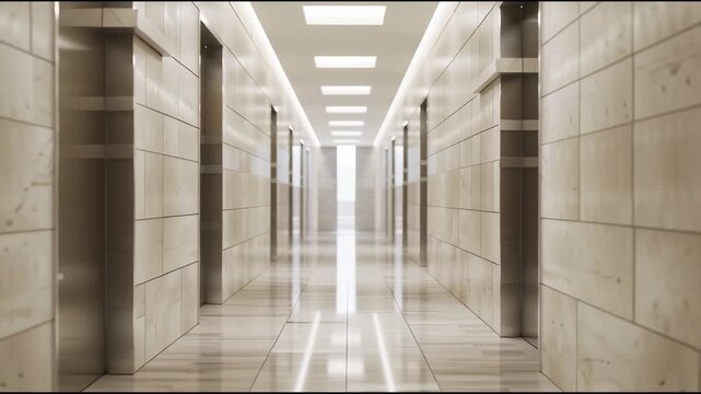 Long, empty, modern office building hallway with multiple elevator doors and bright overhead lighting.