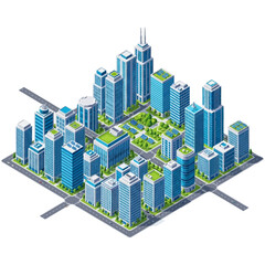 Obraz premium Isometric cityscape with modern skyscrapers and green spaces.