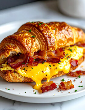 Bacon and cheese omelet croissant sandwich on white plate, appetizing and tasty breakfast or brunch
