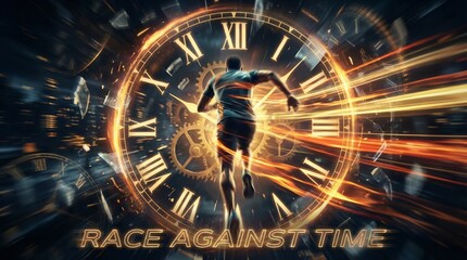Obraz premium Man Running Against a Glowing Clock Face with 