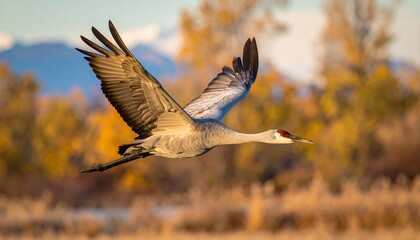 Fototapeta premium A Sandhill crane in mid-flight, wings outstretched, autumnal colors as a backdrop