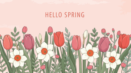 Colorful spring flowers with hello spring text on pink background with white space for greeting card or invitation © Saharia